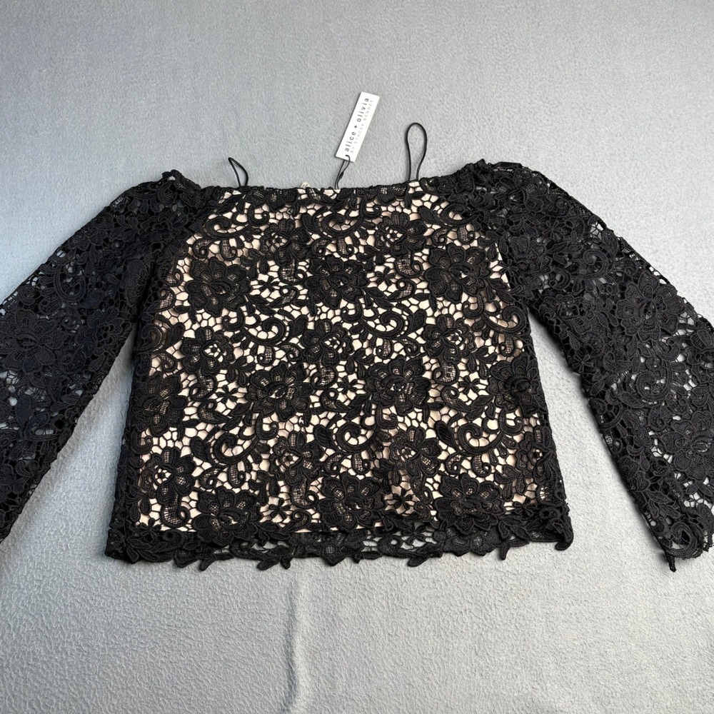 Alice + Olivia Black Floral Lace Off The Shoulder Bell Sleeve Top Nude Lining XS